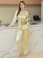 Colorblock Satin Pajama Set Long Sleeve Top & Pants Women's Sleepwear