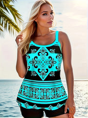 Geo Print Tankini Set Women's Cami Top & Shorts Swimsuit 2 Piece Set