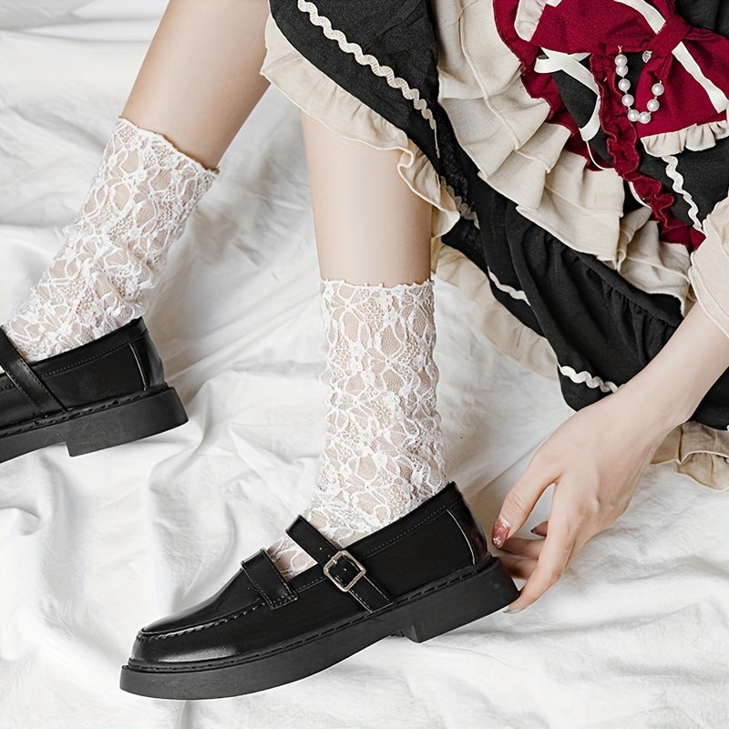 Floral Lace Mesh Calf Socks Lolita Hollow Out Knee High Socks Women's Stockings