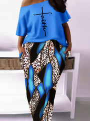 Cross Print Top & Leopard Print Skirt Set
