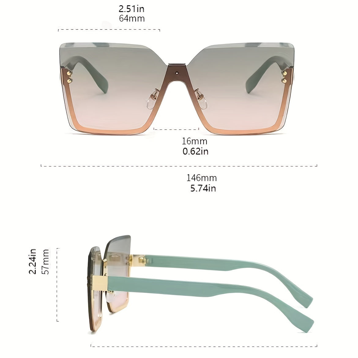 Men's Square Oversized Sunglasses Gradient Lenses Copper Metal Glasses UV400