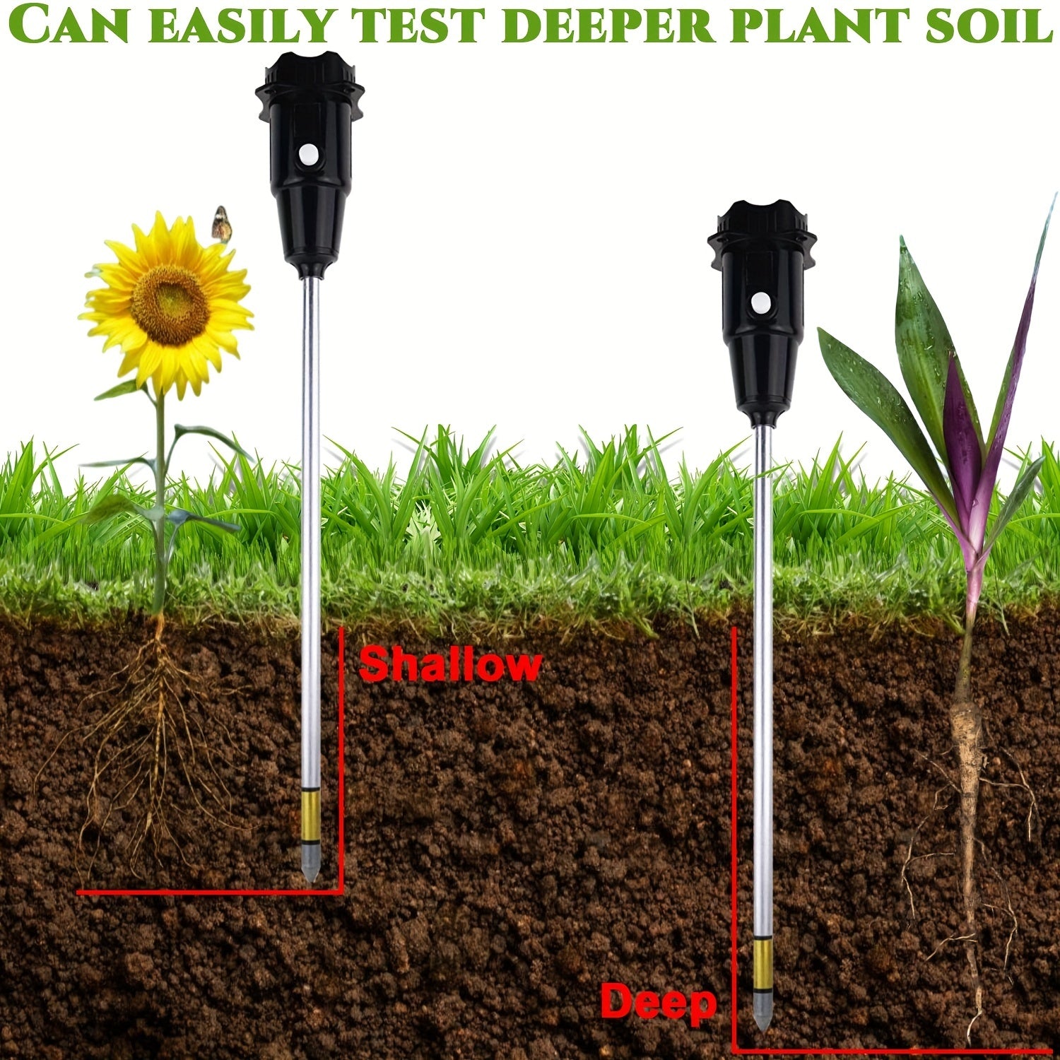 Soil PH Meter Long Probe Deep Soil Moisture Tester 2-in-1 Hygrometer