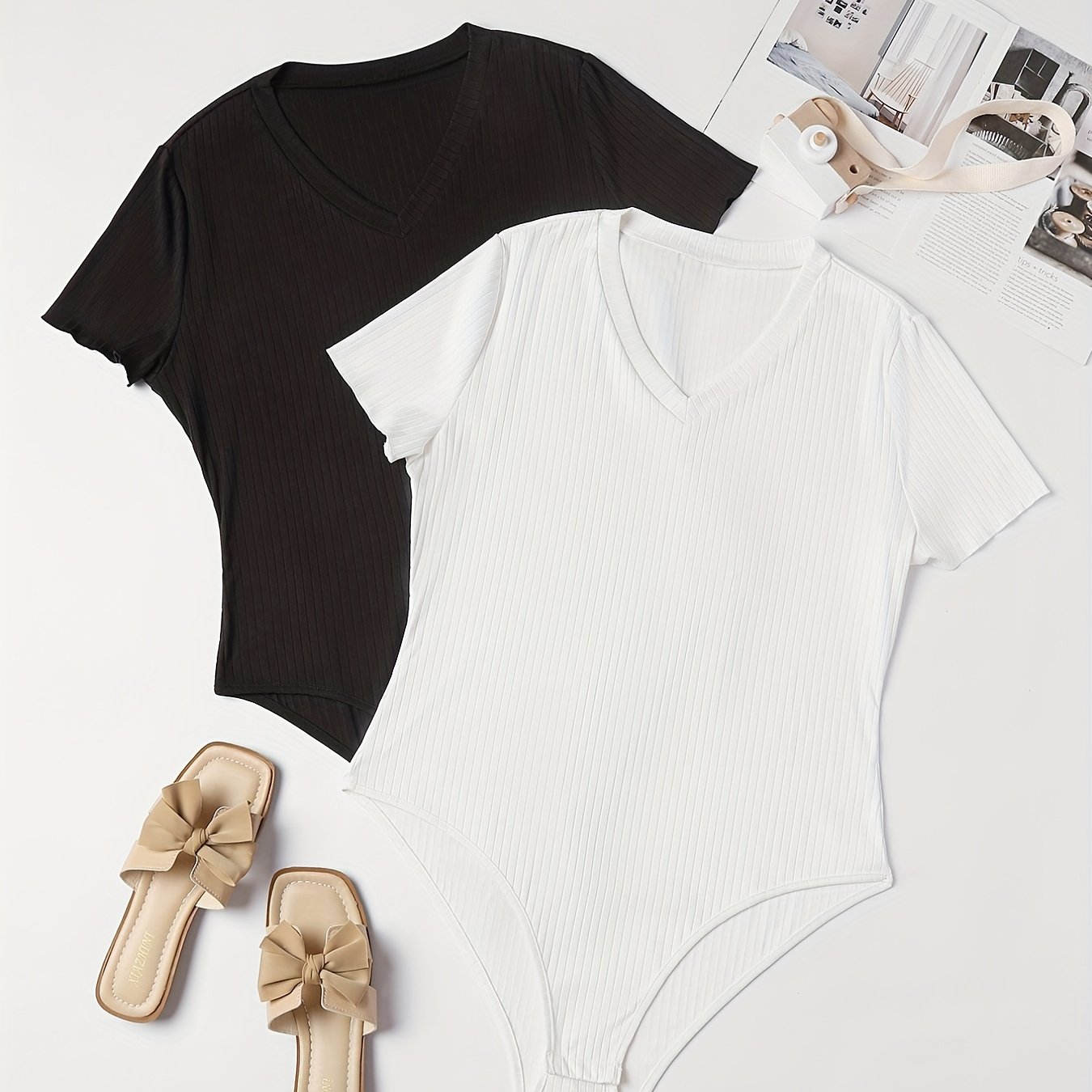 Basic Bodysuit V Neck Short Sleeve