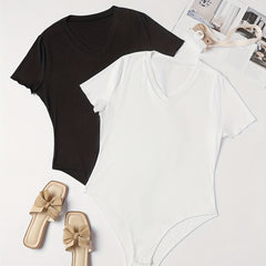 Basic Bodysuit V Neck Short Sleeve
