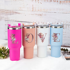 Letter Flower UV DTF Cup Stickers Mauve Foil Floral Alphabet Self Adhesive