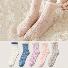 5 Pairs Mid Tube Fuzzy Floor Socks Warm & Comfy Women's Stockings