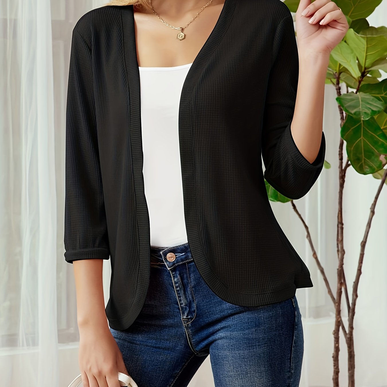 Ribbed Knit 3/4 Sleeve Cardigan for Women