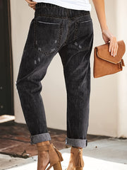 Elastic Band Distressed Denim Jeans Slim Fit Solid