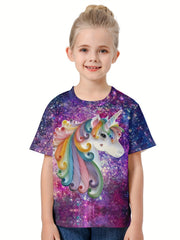 3D Starry Sky & Unicorn Graphic Short Sleeve T-shirt For Girls