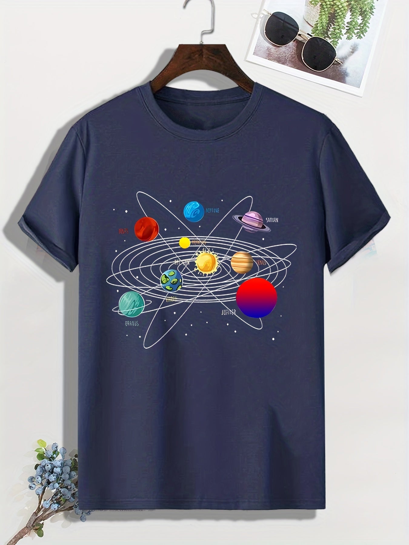 Men's Cartoon Planet Print T-shirt Active Breathable Tee