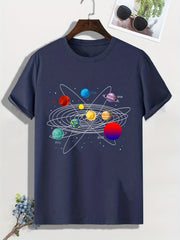 Men's Cartoon Planet Print T-shirt Active Breathable Tee