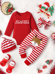 Baby Girls Christmas Outfit Long Sleeve Romper & Striped Pant Set