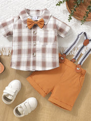 Boy's Plaid Shirt & Short Bi Pants Set Handsome Party Dress Up