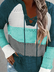 Casual Sweater Women's Plus Colorblock Hollow Out Hooded Jumper