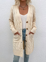 Button Up Pocket Cardigan Long Sleeve Mid Length Cardigan