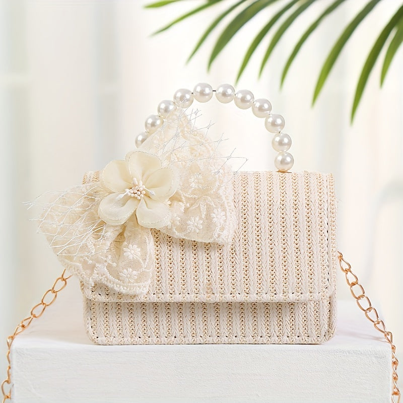 Straw Crossbody Bag Faux Pearl Beaded Handbag