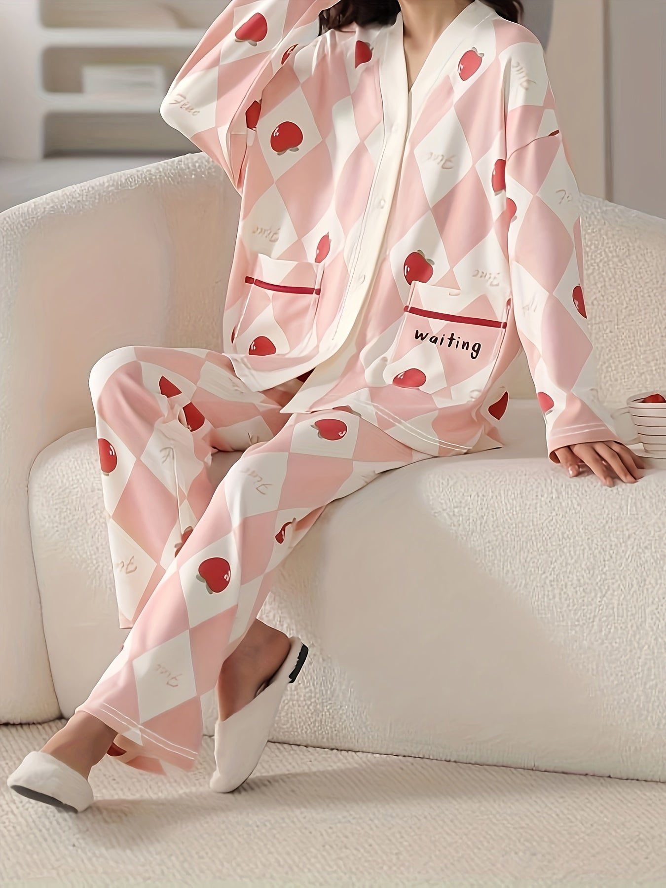Fruit Print Pajama Set Long Sleeve V Neck Buttons Top & Argyle Pants