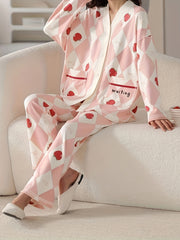 Fruit Print Pajama Set Long Sleeve V Neck Buttons Top & Argyle Pants