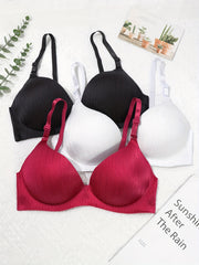 3pcs Stripe Print Glossy Push Up T-shirt Bras Women's Lingerie