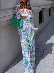 Women's Plus Marble Print Long Sleeve Button Up Shirt & Wide Leg Pants Set