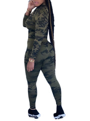 Camo Print Casual Two piece Set Zipper Long Sleeve Tops & Long Length Pants