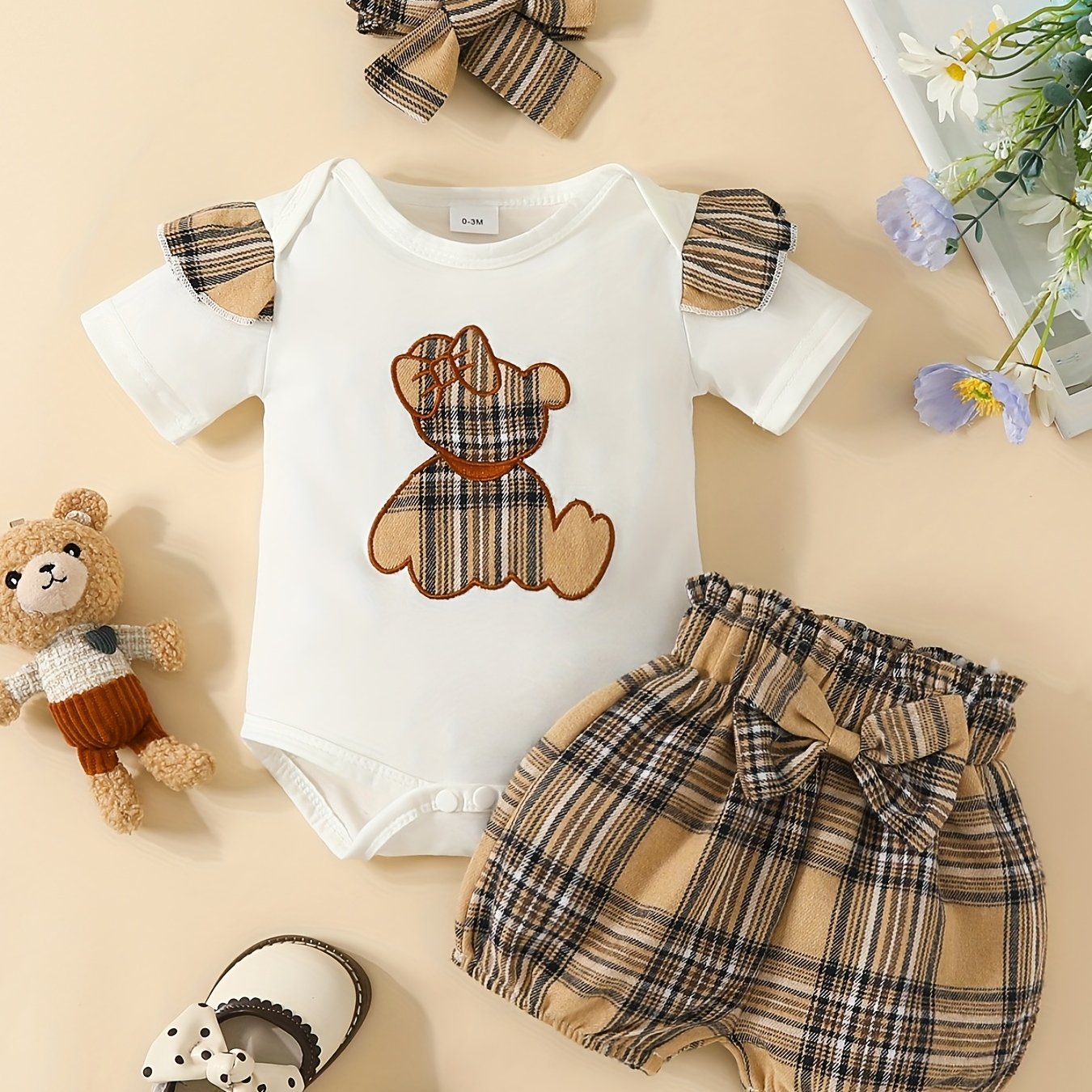 Baby Girls Plaid Bear T shirt & Bow Shorts Set