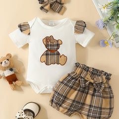 Baby Girls Plaid Bear T shirt & Bow Shorts Set