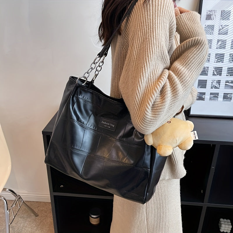 Large Capacity Tote Bag Casual PU Leather Shoulder Bag With Pendant