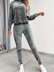 Solid Casual 2pc Set Hooded Tops & Slim Pants Outfits Women's Clothing