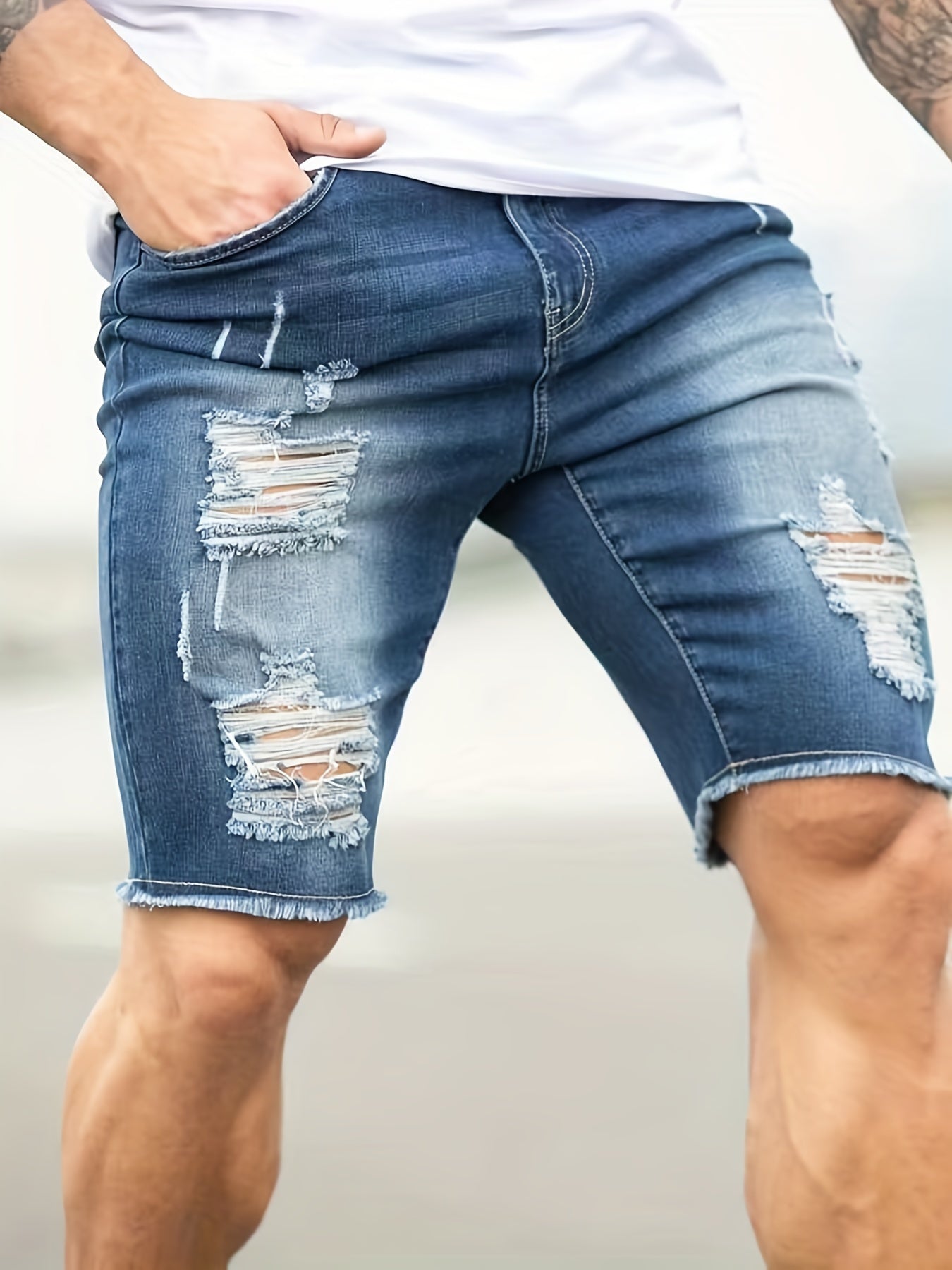 Slim Fit Ripped Denim Shorts Casual Street Style Distressed Denim Shorts