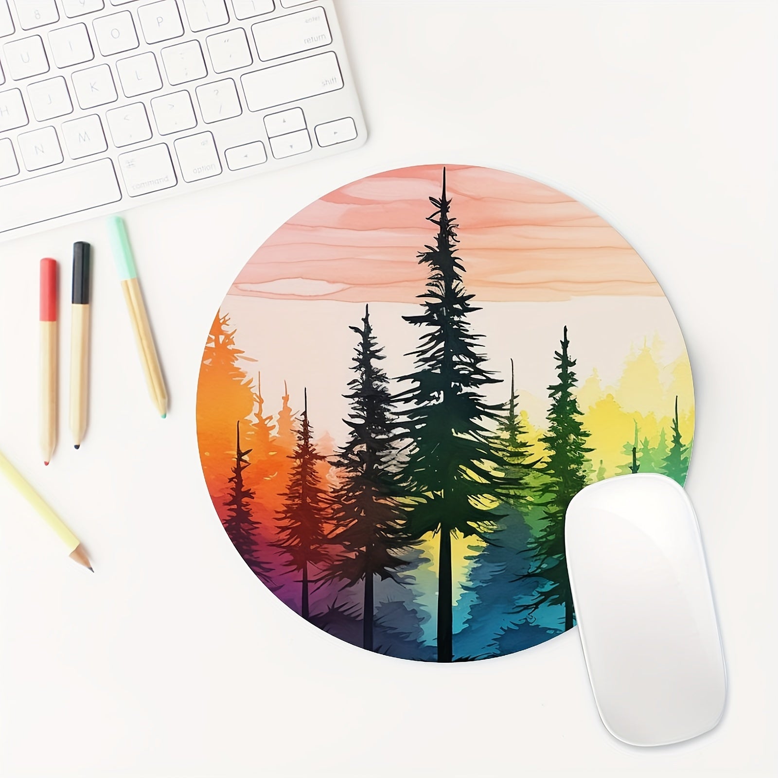 Rainbow Pine Trees Round Mouse Mat Non Slip Rubber Base Mousepad Small Size