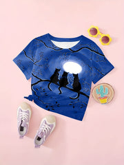 Moon Night Kitty Graphic T shirt Girls Casual Short Sleeve Tees