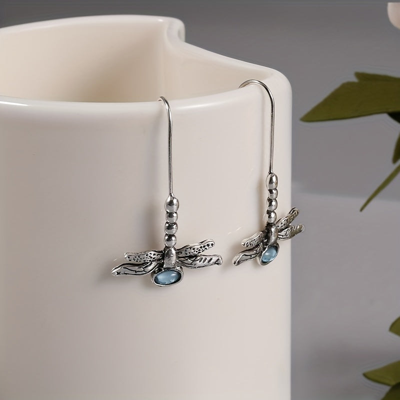 Vintage Dragonfly Stud Earrings with Oval Synthetic Gems for Party
