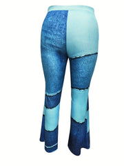 Colorblock Denim Print Flared Leggings