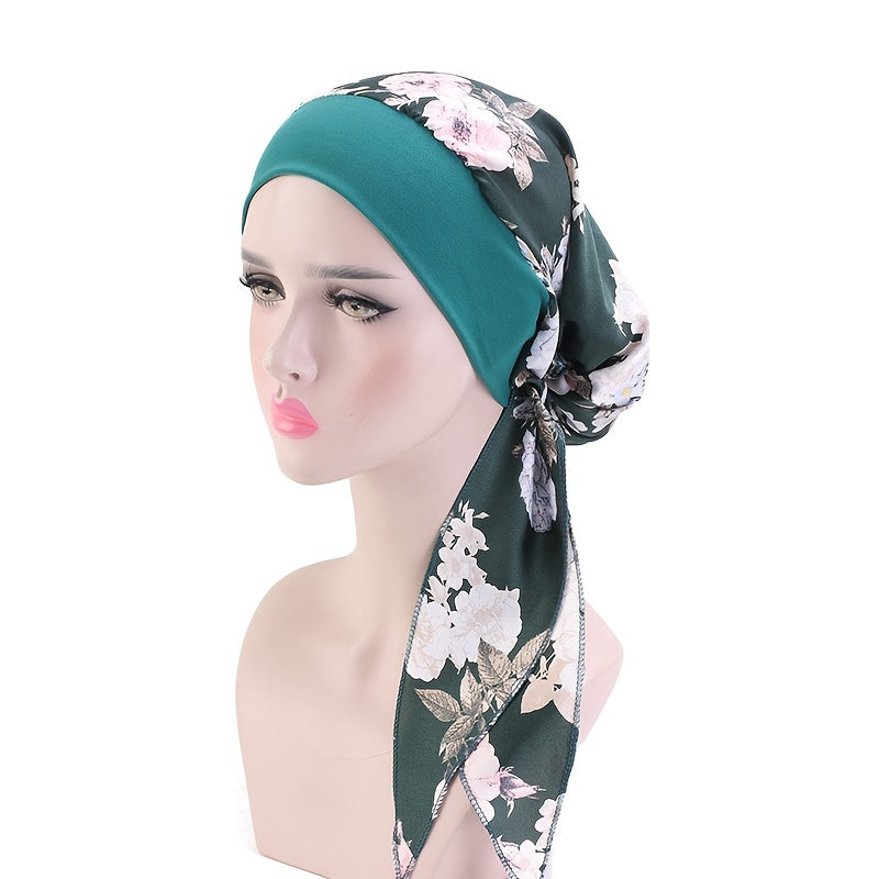 Dark Green Flower Print Turban Cap Satin Elastic Headband
