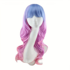 Pink Gradient Curved Wavy Long Wig with Unicorn Hair Band