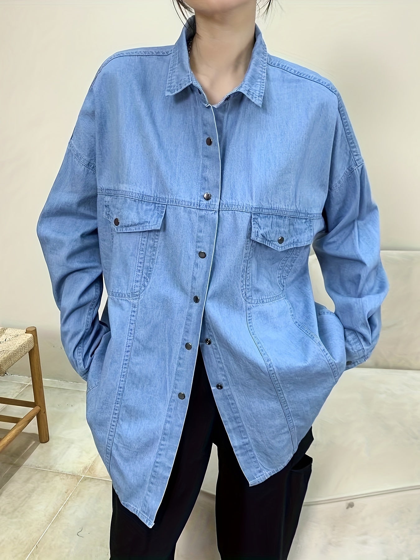 Casual Denim Top Women's Plus Solid Pipping Button Down Long Sleeve