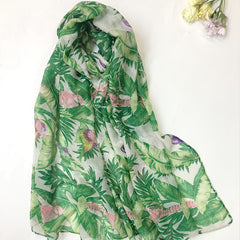 Green Leaves Print Voile Scarf Boho Thin Casual Shawl Women Wrap