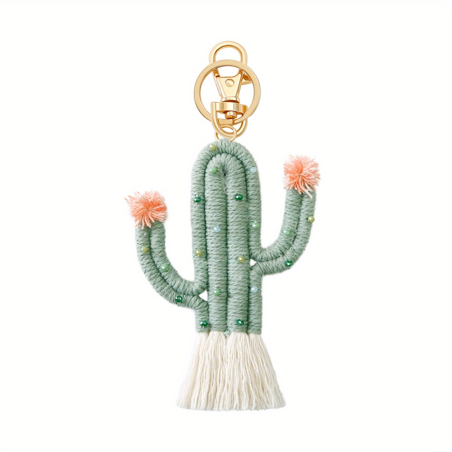 Men's Green Cactus Keychain Boho Handwoven Bag Pendant