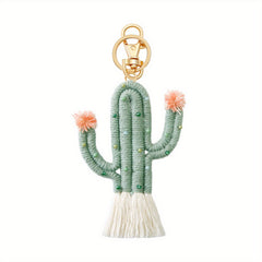 Men's Green Cactus Keychain Boho Handwoven Bag Pendant