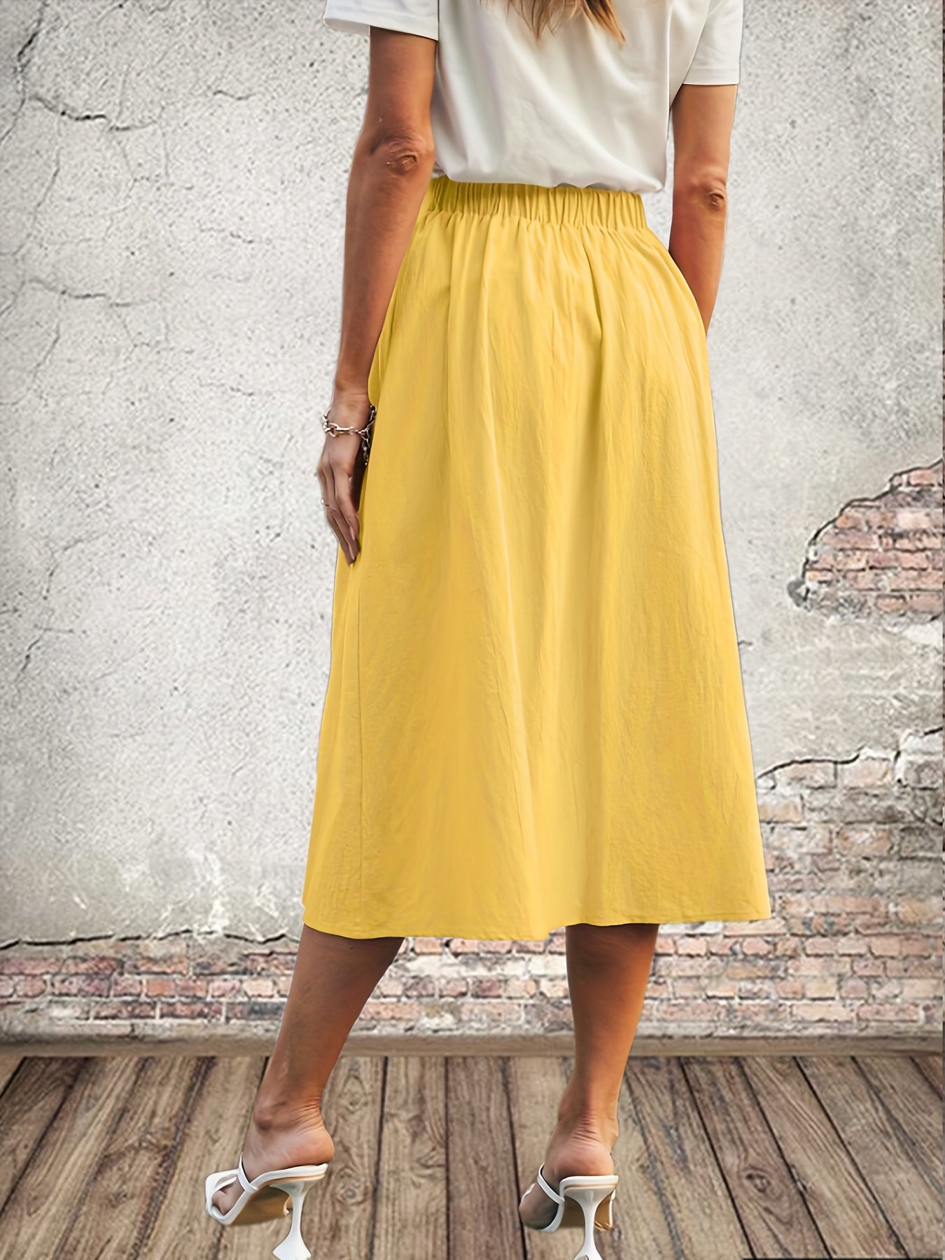High Waist Button-Up Midi Skirt Solid Casual