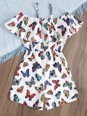 Girls Butterfly Graphic Cold Shoulder Ruffle Trim Romper Jumpsuits