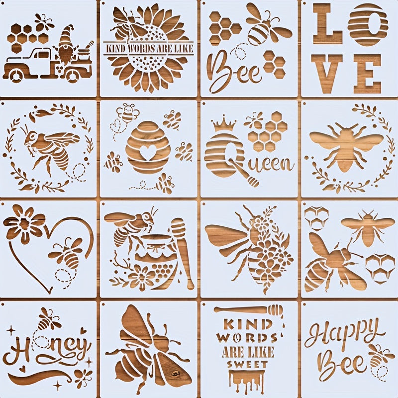 16pcs Reusable Bee Stencils for Honeycomb Designs on Wood Fabric and Walls