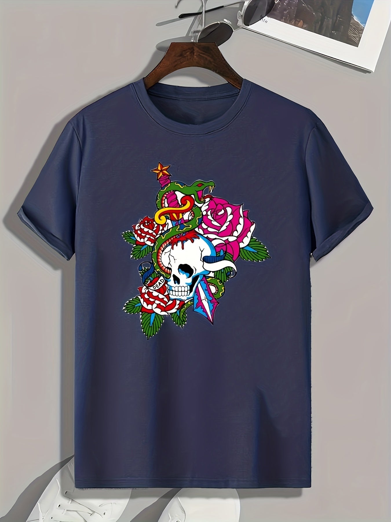 Skull Flowers Print Men's Graphic T-shirt for Summer