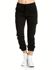 Y2K Solid Cargo Pants Elastic Waist Long Length With Pockets