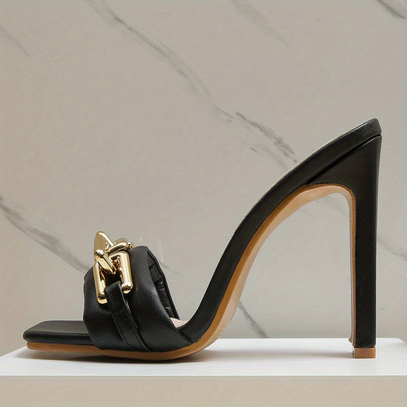 Metallic Buckle Heels Square Toe Slip On Block Heels Slingback Mule Sandals