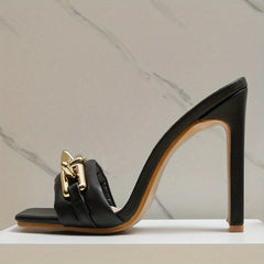 Metallic Buckle Heels Square Toe Slip On Block Heels Slingback Mule Sandals