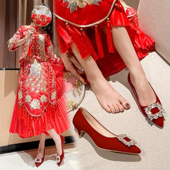 Red Kitten Heel Pumps Pointed Toe Rhinestone Wedding Shoes
