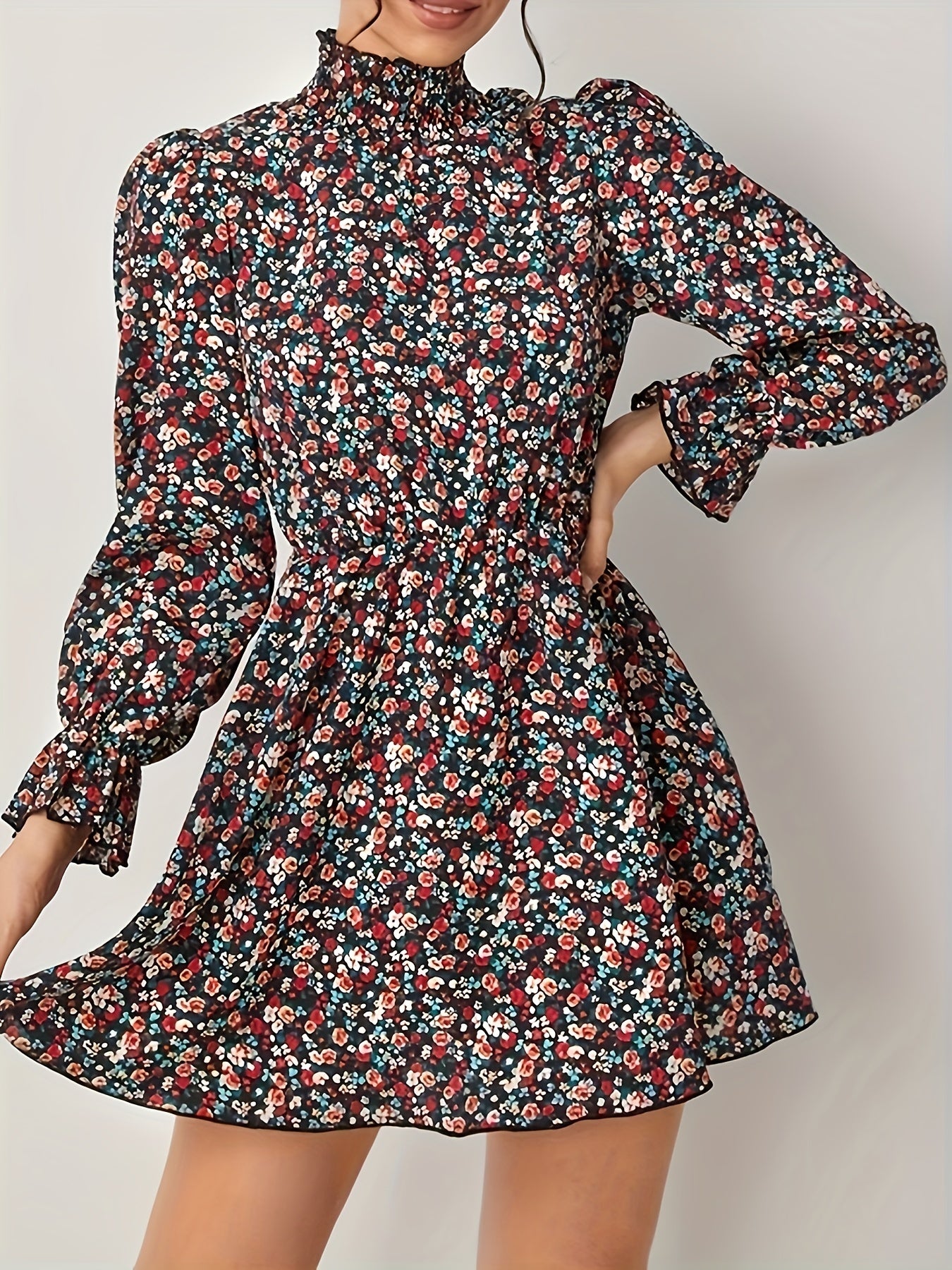 Allover Ditsy Print Lantern Sleeve High Neck Mini Dress