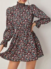 Allover Ditsy Print Lantern Sleeve High Neck Mini Dress